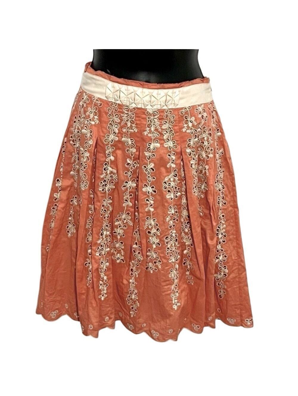 Vtg Y2K Elie Tahari Peach Ivory Floral Embroidered Ribbon Cottagecore Skirt XS 2